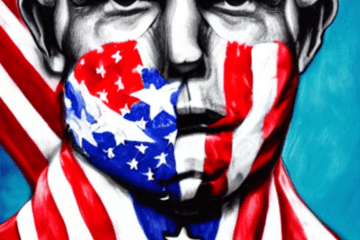 AI creation image of, "Realistic Politic Brains, American Flag" Shows an older man in the center, with his face painted with what looks like the american flag.