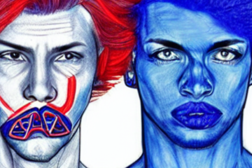 person in left side has red hair, and it appears his mouth is covered, while person in blue's mouth is not covered